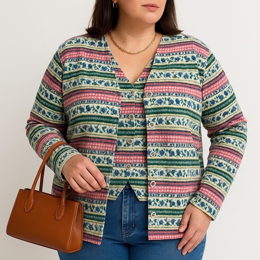 Northern Reflections Vintage Floral Stripe Cardigan and Vest Set Pink Green L